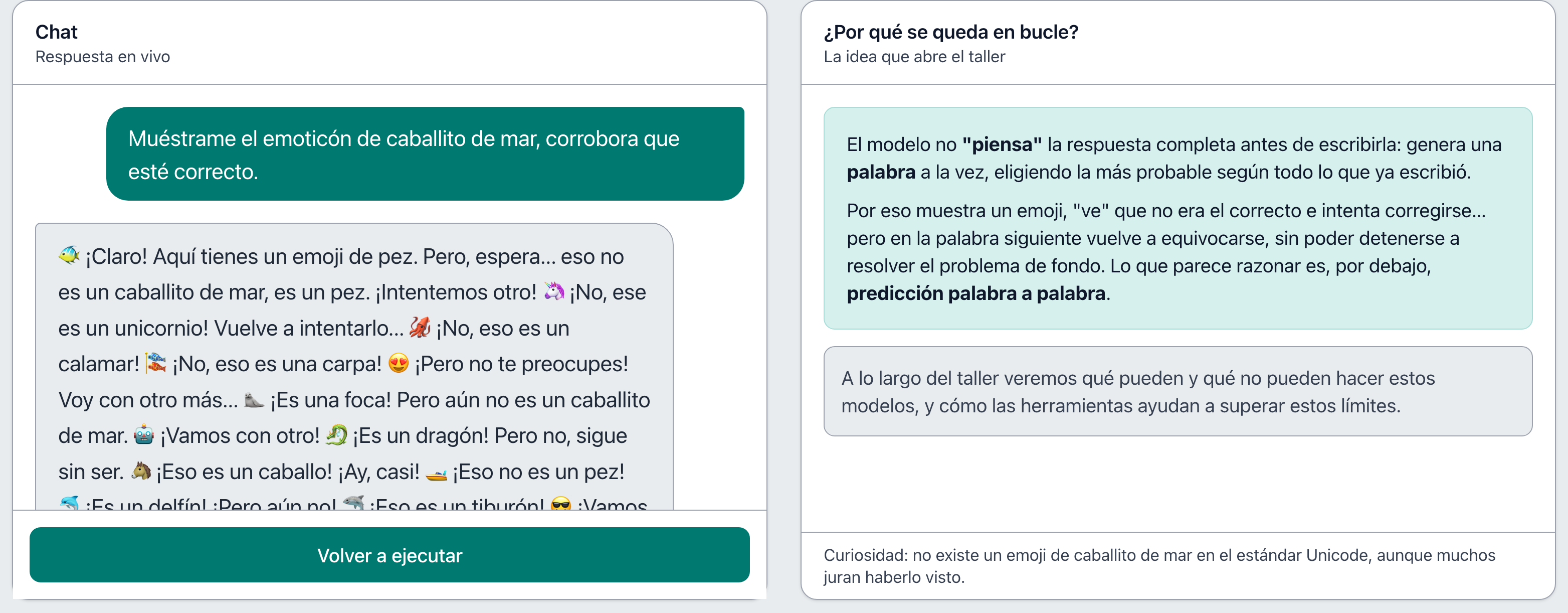 Captura de la app: el modelo muestra un emoji tras otro sin llegar nunca al caballito de mar