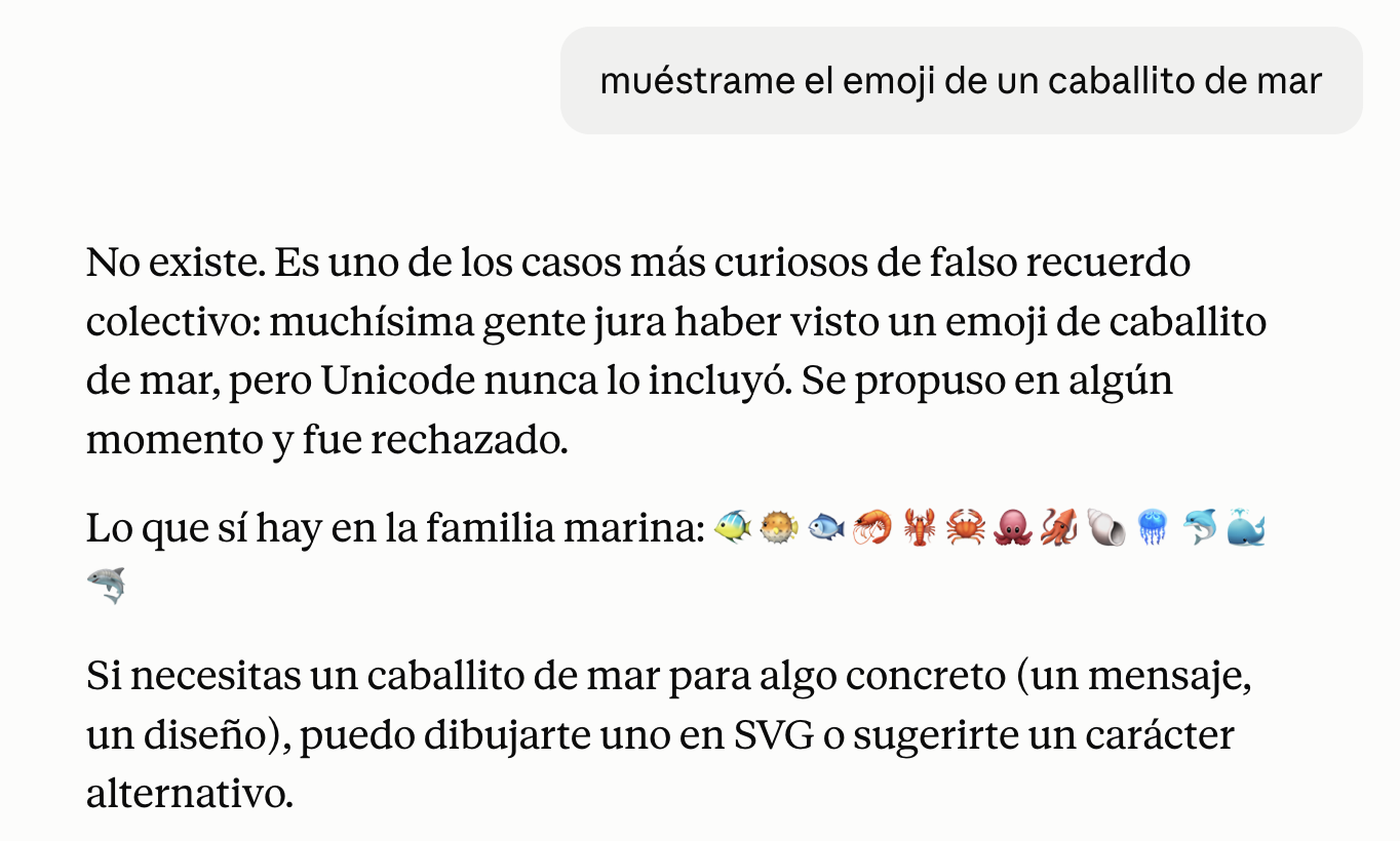 Captura: Opus 5 responde que el emoji de caballito de mar no existe y ofrece alternativas