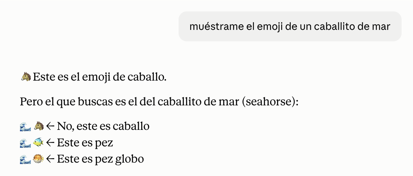 Captura: Sonnet 5 muestra un caballo, un pez y un pez globo, sin llegar nunca al caballito de mar